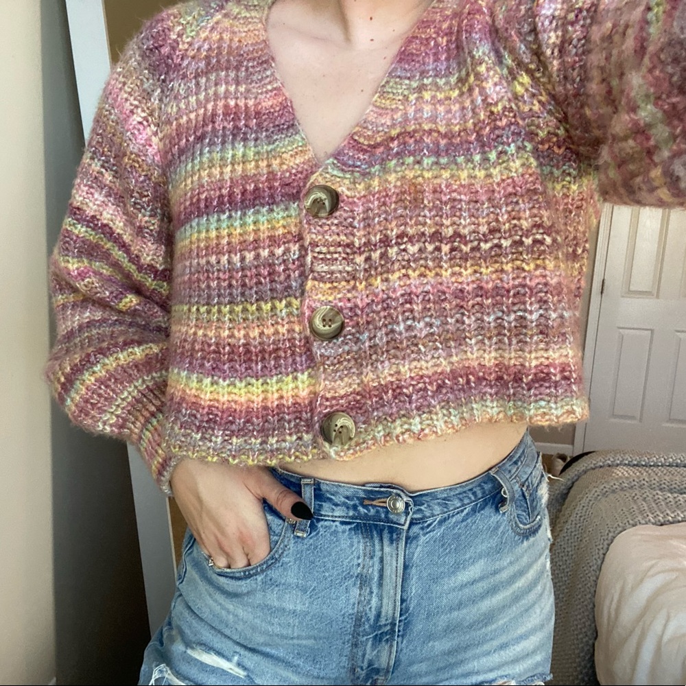Urban Outfitters Rainbow Sweater Cardigan Button Crop